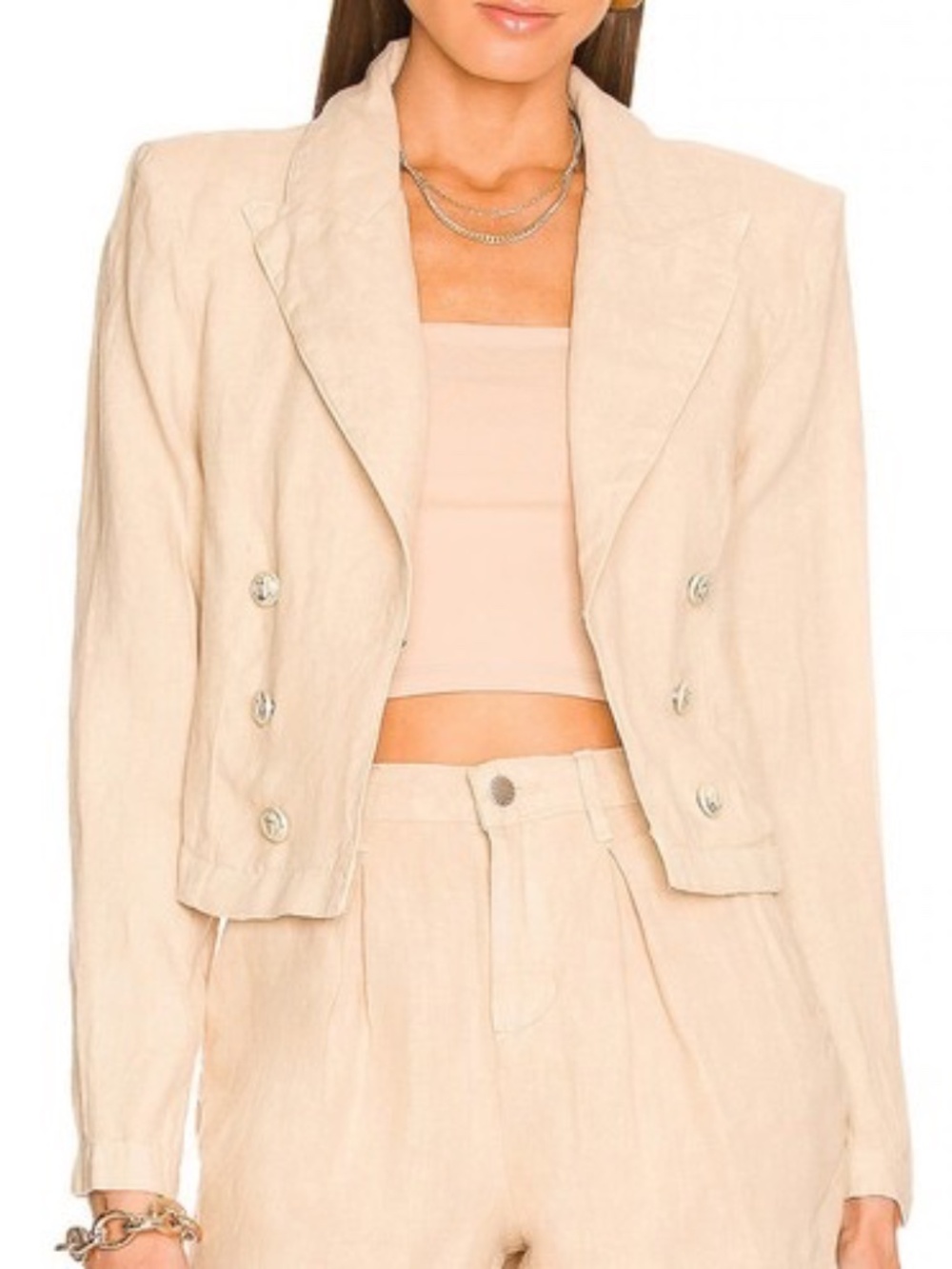 L'AGENCE DOLLY CROPPED BLAZER SAND LINEN DOUBLE BREASTED JACKET - Small